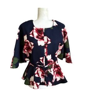 Marina Kaneva Blouse Top Navy Blue Pink Red Floral Tie Waist Peplum Top Size 14